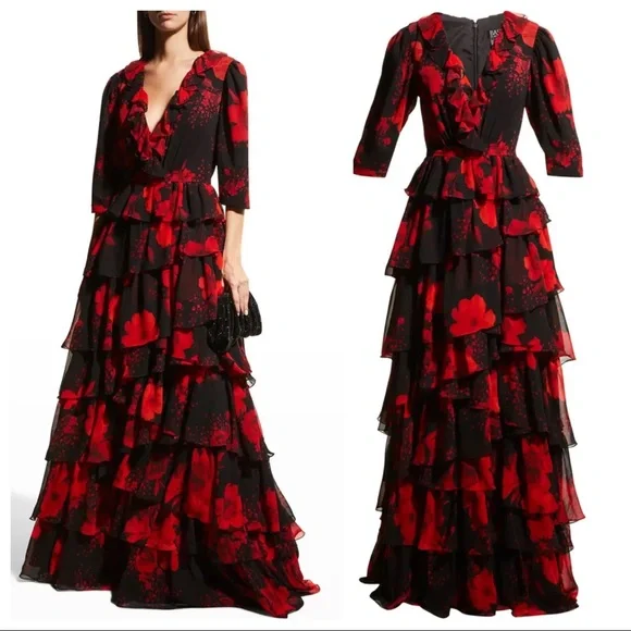 BASIX Floral Print Ruffle-Tiered A-Line Chiffon Gown